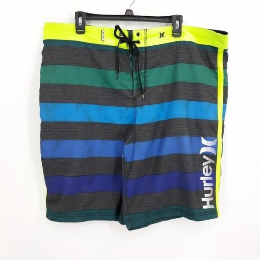 Hurley Mens Board Shorts Swim Trunks Long Yellow Green Blue Striped Logo Sz 40‎